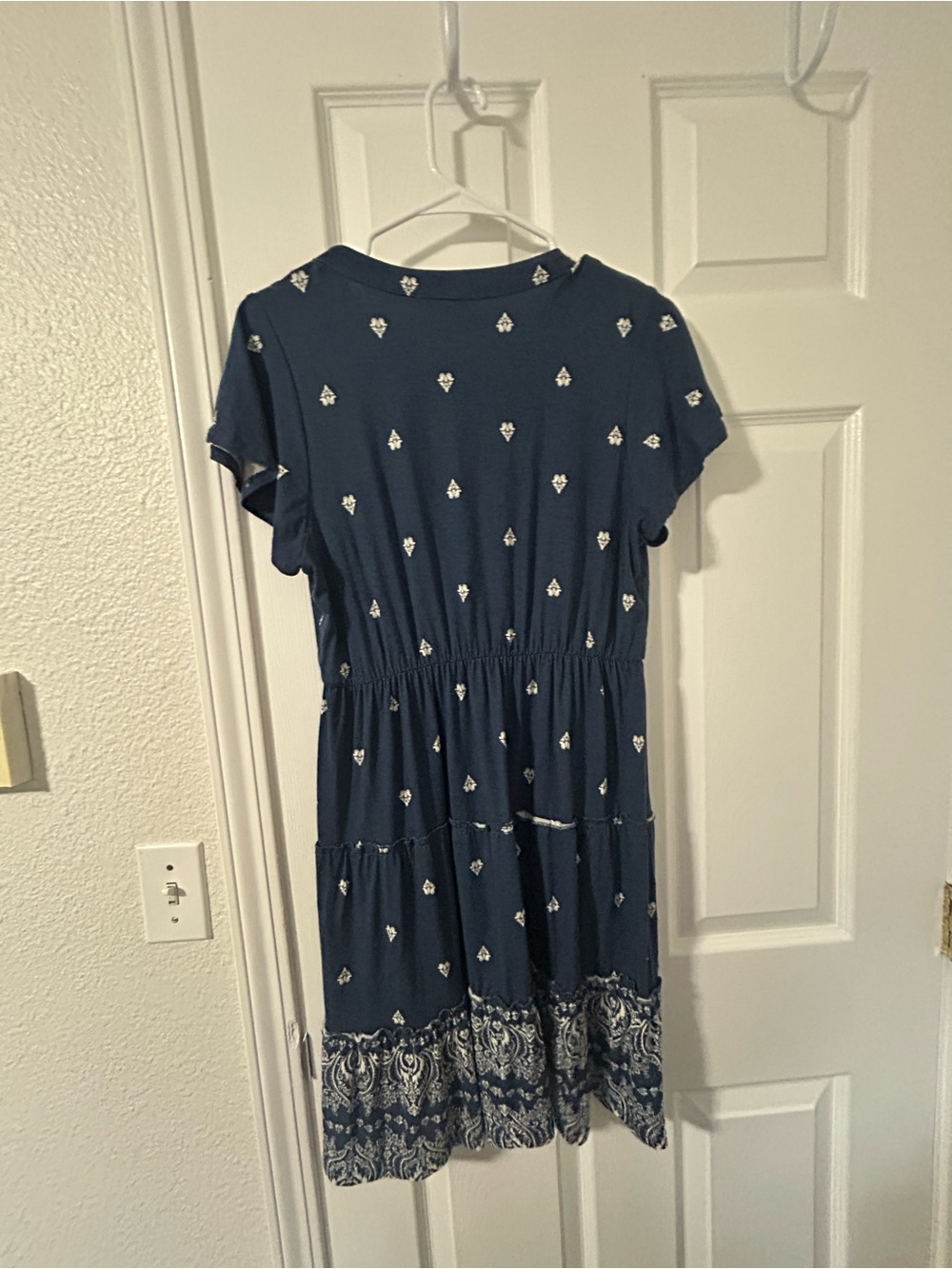 Girls Navy Blue Short-Sleeve Tiered Dress with Printed Hem